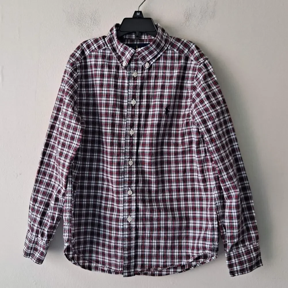 Ralph Lauren Plaid Long Sleeve Button Down Shirt Red Green Black Boys Medium